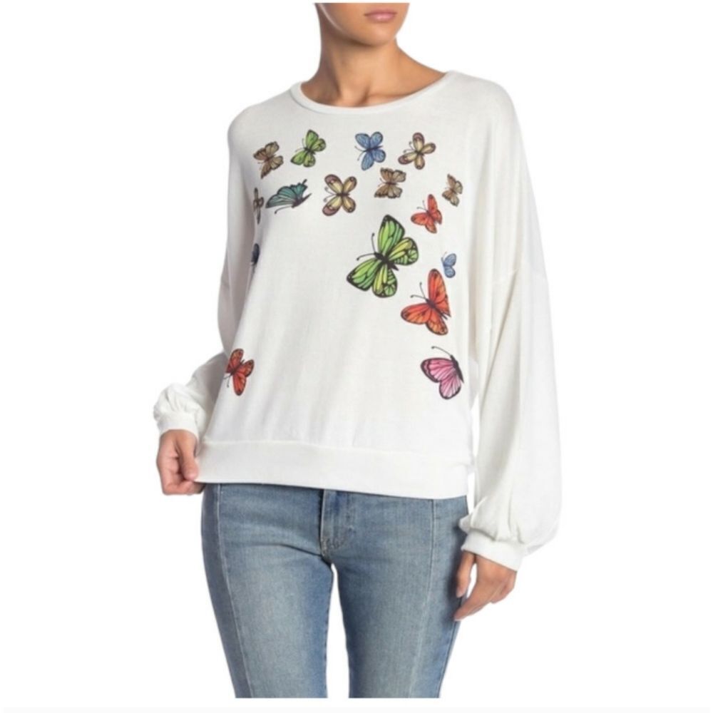 Go Couture Cartoon Butterflies Crewneck Dolman Balloon Sleeves Sweater sz Small